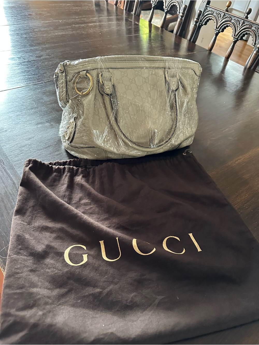 Gucci Light Beige GG Monogram Shoulder Bag with Gold Ring